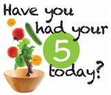 Vegetables falling into a wooden salad bowl with text "have you had your 5 today?"