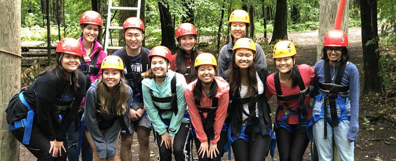 Asian and Asian American Center interns and staff at Cornell team and leadership climbing center