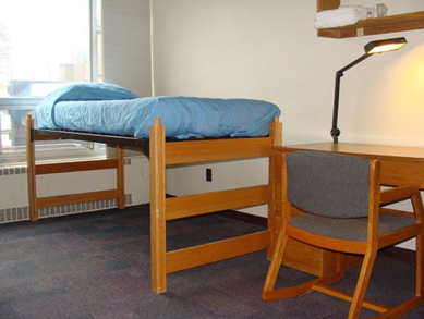 Twin bed that is elevated above the height of a standard desk.