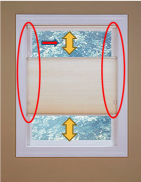 Blind over a window with the top and bottom exposed. Cords circled on either side of blind. Arrows above and below the blind pointing both up and down. Arrow pointing from cord on left to arrow at the top.