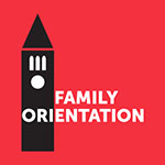 Red box with picture of tower and words Family Orientation