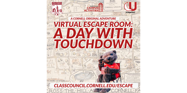 Advertisement with red text titled "Virtual Escape Room: A Day With Touchdown" and a photo of Touchdown the Bear waving