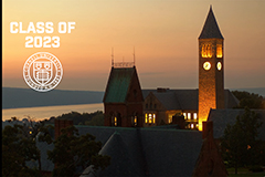 class of 2023 and cornell seal over campus sunset