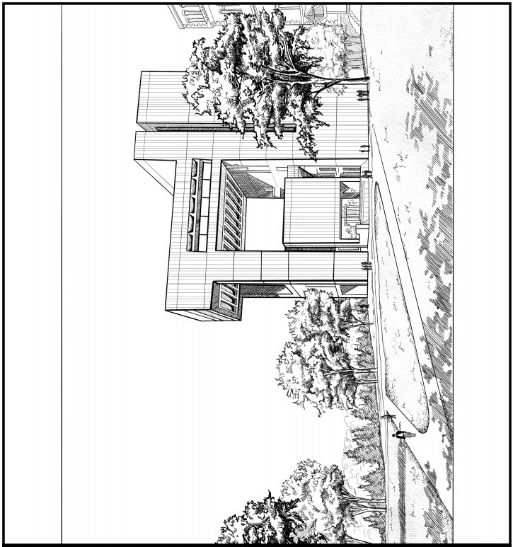 Image of a coloring book page with the Johnson Museum as the subject