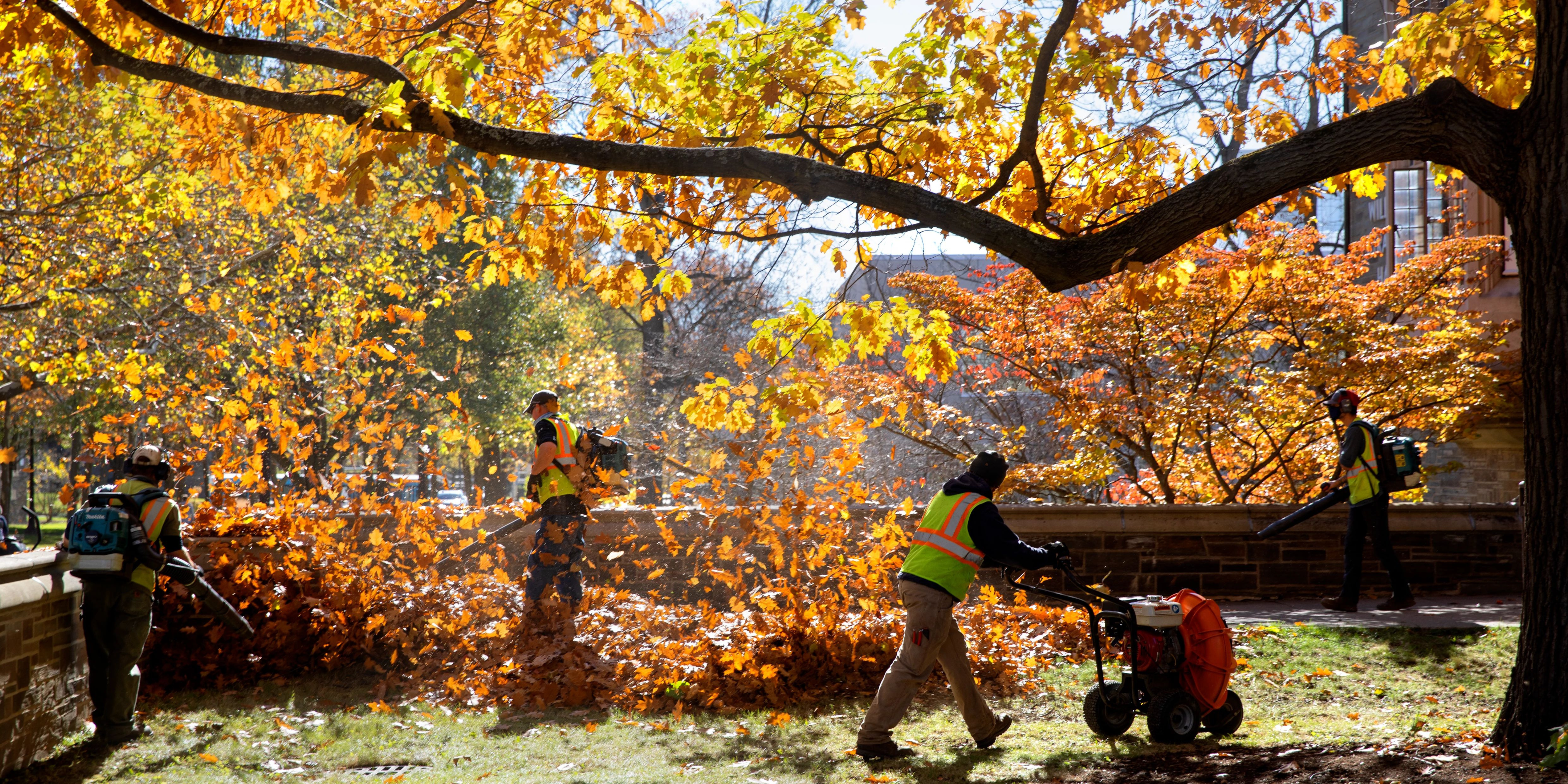 Grounds staff work at full speed to keep up with the falling leaves outside Willard Straight Hall.