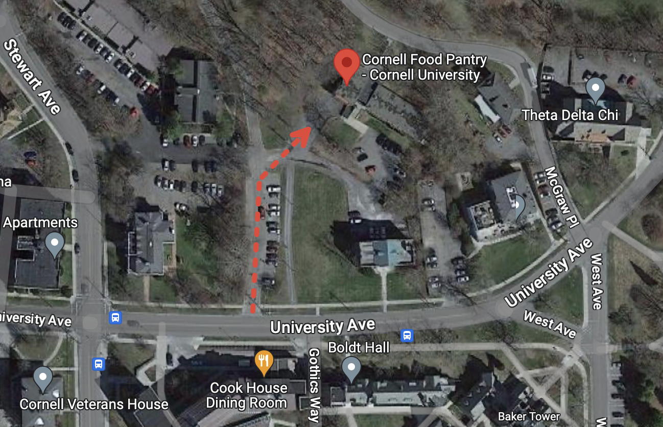 A map with an arrow showing how to approach the Cornell Food Pantry