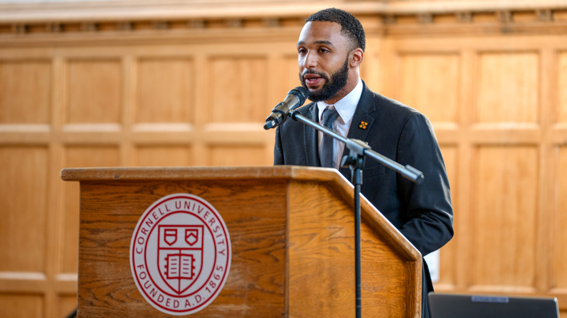 Master’s degree student Cameron White ’24 accepts the 30th annual James A. Perkins Prize for Interracial and Intercultural Peace and Harmony, on behalf of Black Student Empowerment.