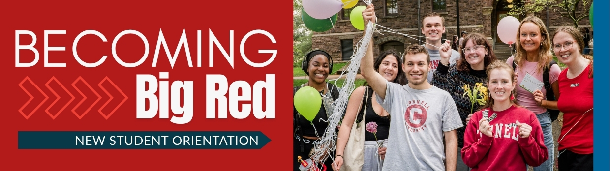 New Student Orientation Banner with Student smiling holding baloons