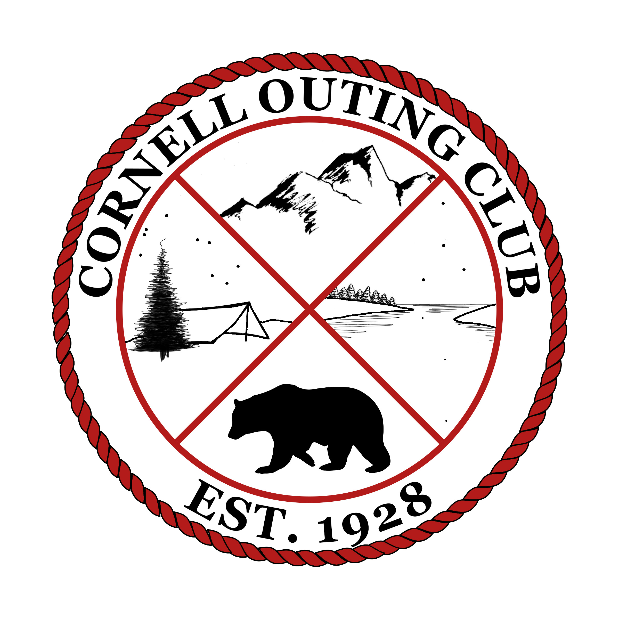 Cornell Outing Club logo, red circle with four quadrants. Bear in bottom quadrant. Tent and pine tree in left quadrant, lake in right quadrant