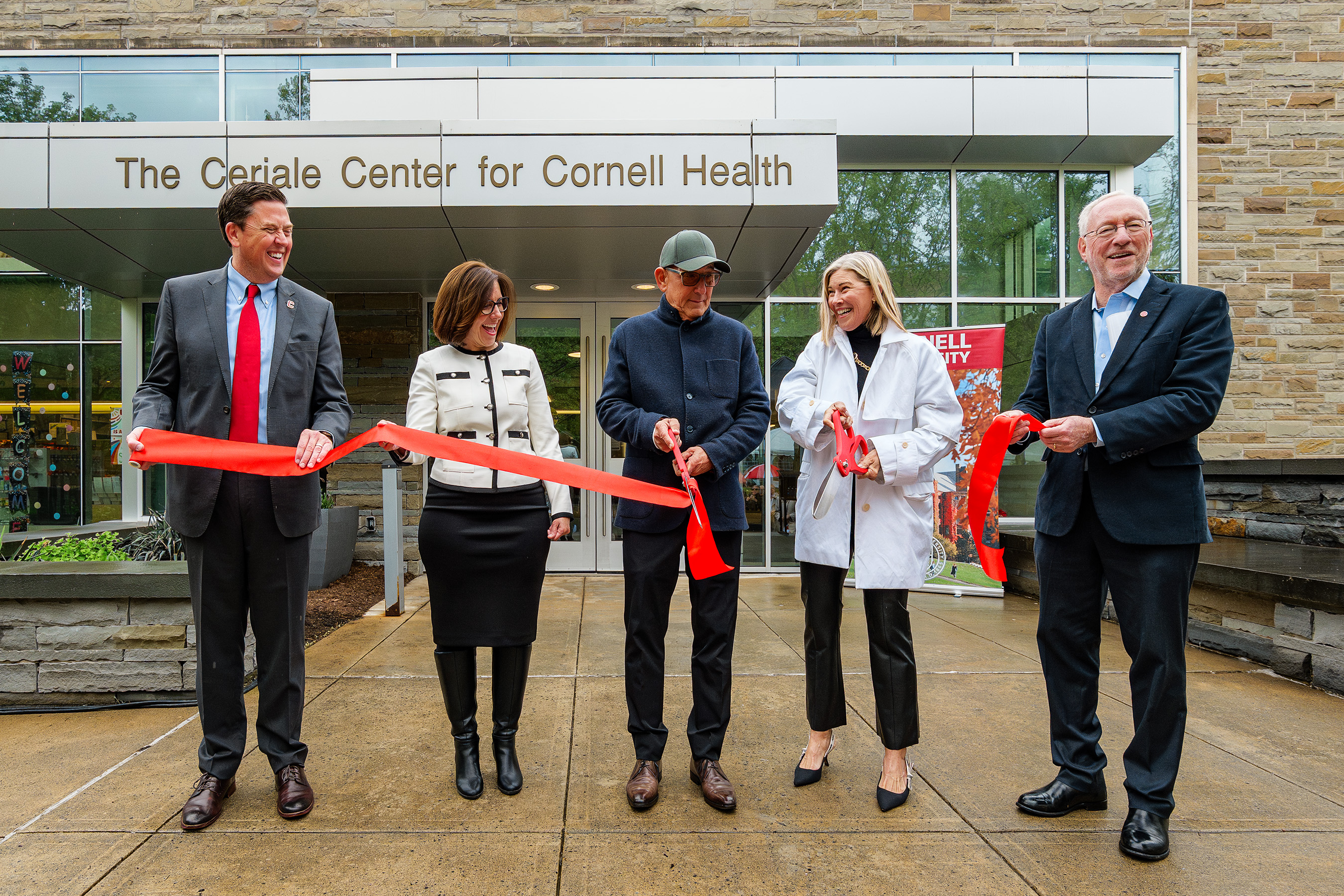 John and Melissa Ceriale along with (L-R) Vice President Lombardi, AVP for Health and Well-being Julie Edwards, and President Michael Kotlikoff