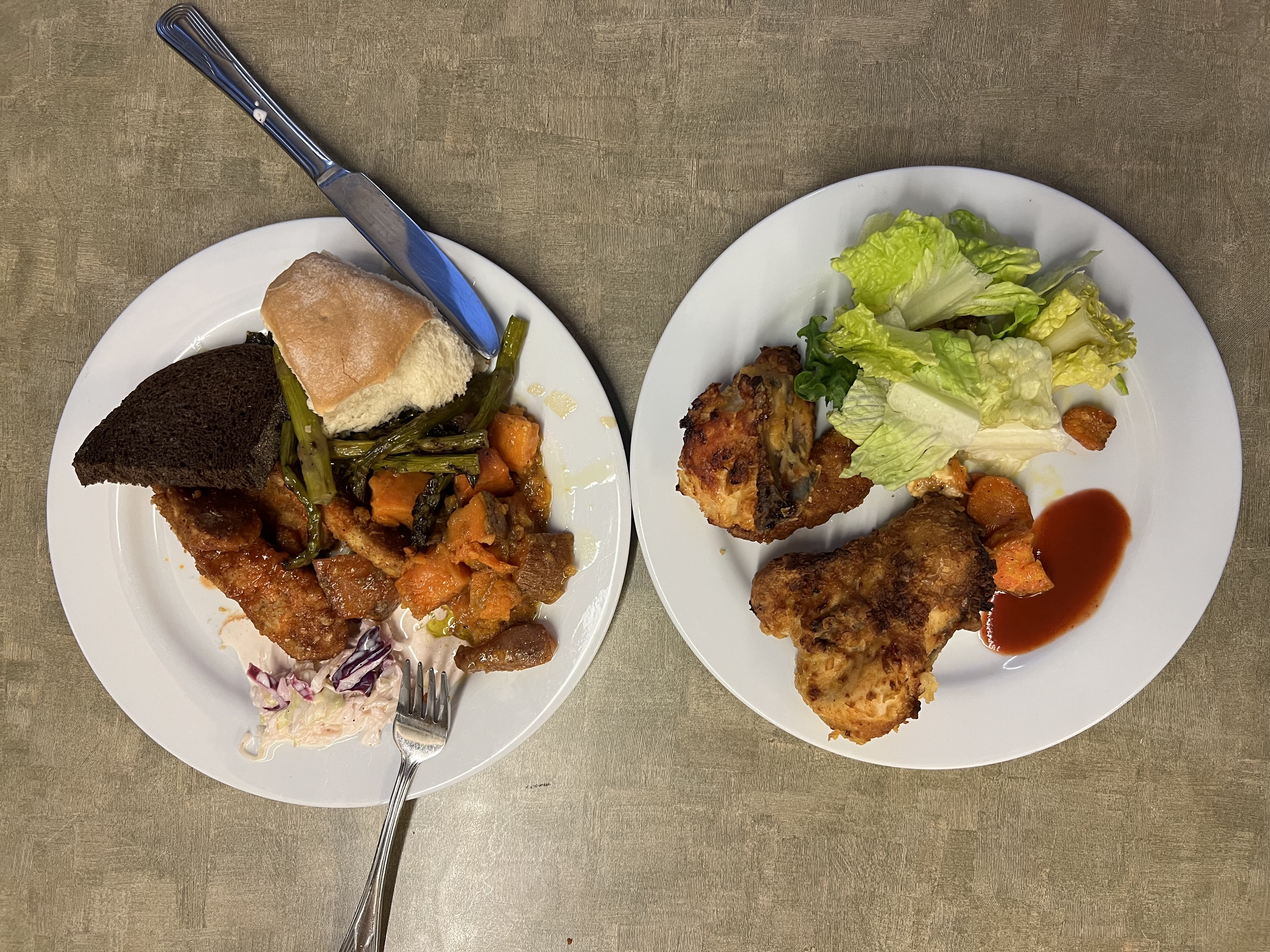 Plates of food seen from overhead