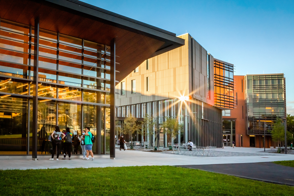 Toni Morrison and Ganędagǫ Halls in the early evening.