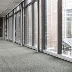 A walkway in Court-Kay-Bauer Hall with a carpeted floor and glass windows