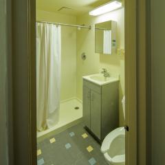 A private bathroom with a sink, toilet, mirror, and shower.