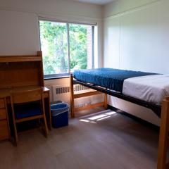 A bedroom with a twin bed, desk, dresser, chair, and lamp.