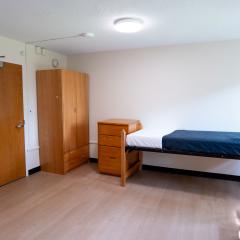 A bedroom with a twin bed, dressers, desk, and chair.