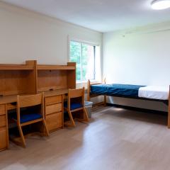 A bedroom with a twin bed, dressers, desk, and chair.