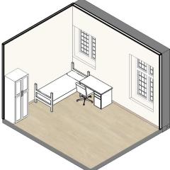 Balch Hall room rendering showing a bed, desk, and closet.