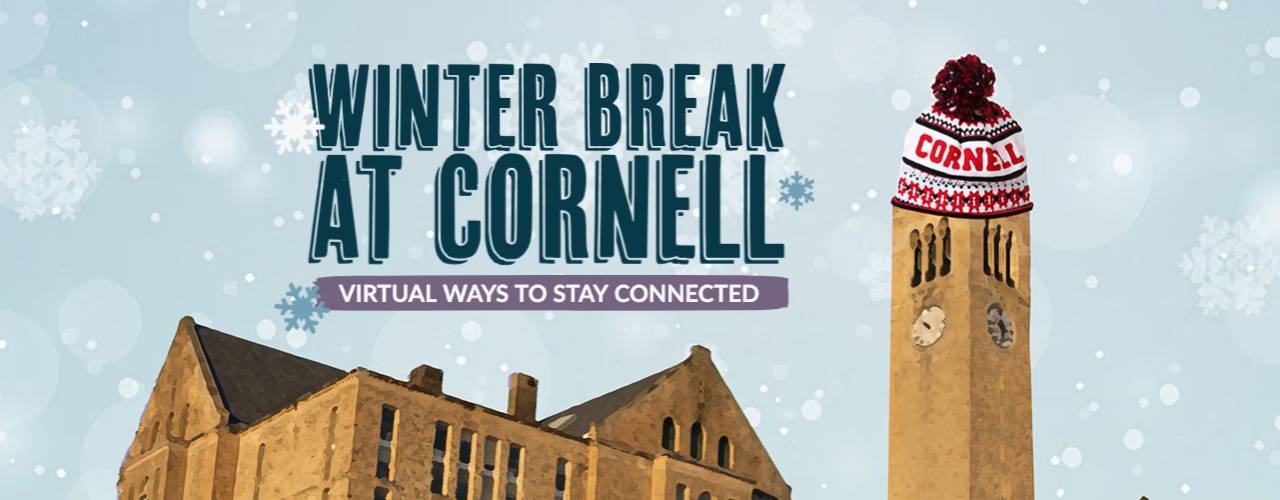 Winter break at Cornell. Clocktower wearing a winter Cornell hat.