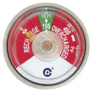 Fire extinguisher gauge with the pin pointing in the red sector labelled recharge, indicating the extinguisher requires maintenance.