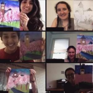 Students participating in a paint class via Zoom
