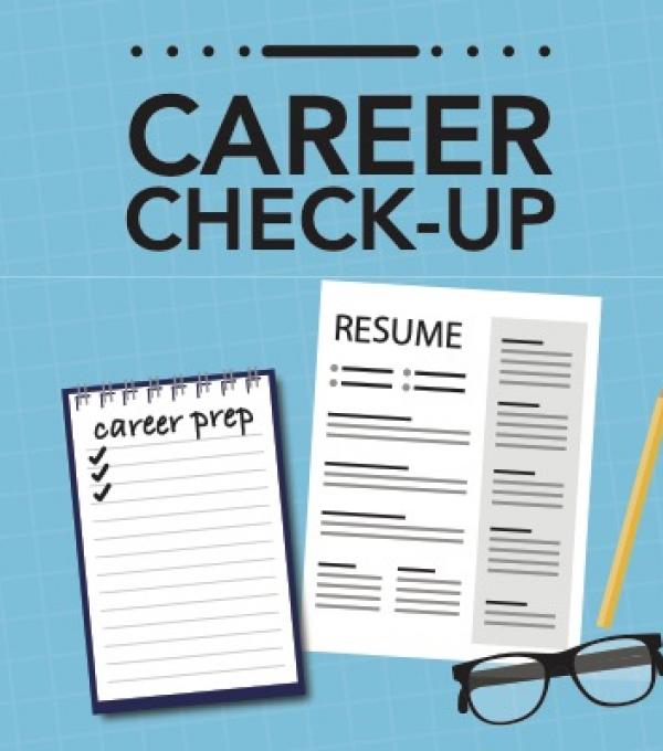Poster advertising Career Check Up with resume icon