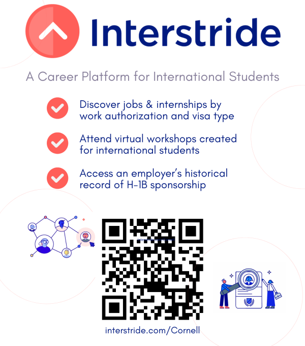 Graphic explaining what Interstride is with a QR code leading to interstride.com/cornell  