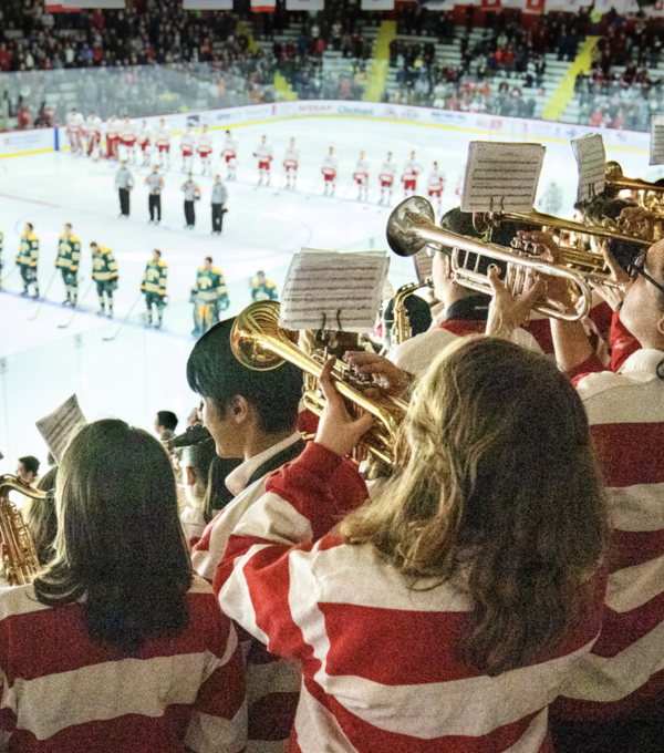 Pep band playing at the hockey arena