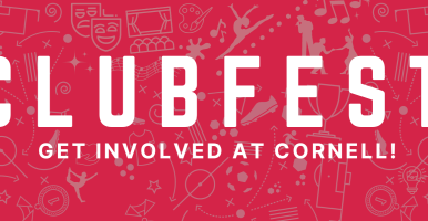 Red background with various activity icons: dancing, sports, food, the arts, and more. Text: ClubFest - Get Involved at Cornell!