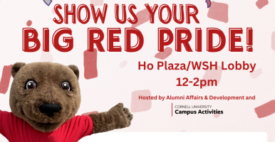 Red background with confetti. Text: Show us your Big Red Pride!