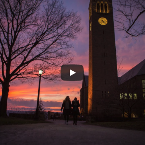 Students walking up to McGraw Tower