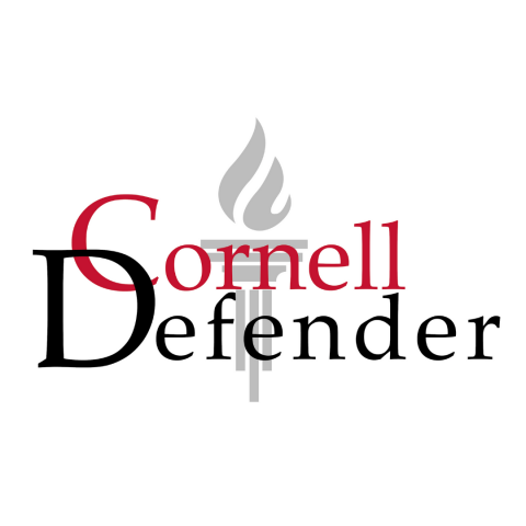 Cornell Defender logo with grey flame icon