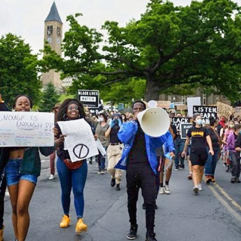 Student walk on Ho Plaza during the March 4 George Floyd in June 2020