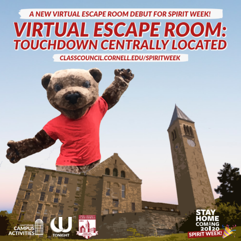 Image with Touchdown the Bear and the Clocktower with the text "Virtual Escape Room: Touchdown Centrally Located"