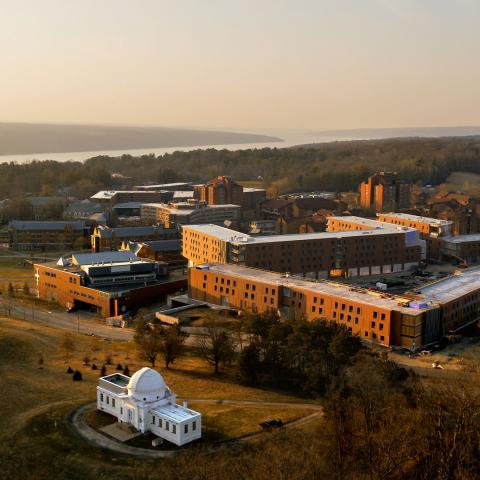 Aerial view of north campus with Cayuga Lake in background