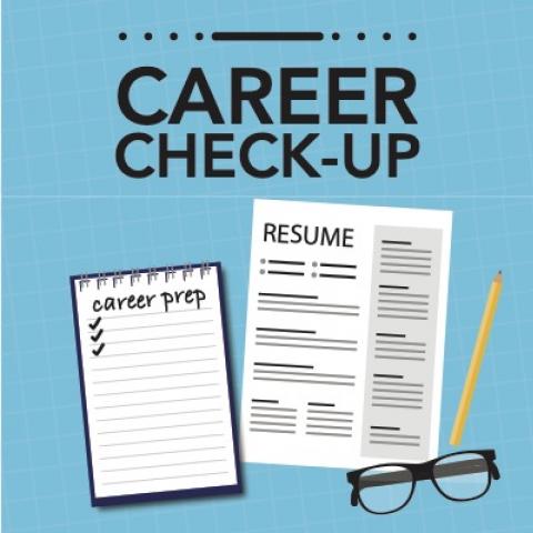 Poster advertising Career Check Up with resume icon