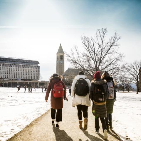 Four students walk toward McGraw Tower on the Arts Quad