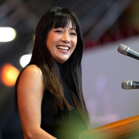 Actress Constance Wu delivers remarks to graduating seniors.
