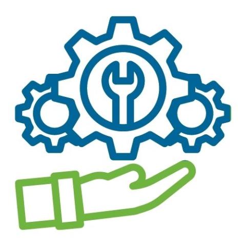 Image of outstretched hand with machine gears above.