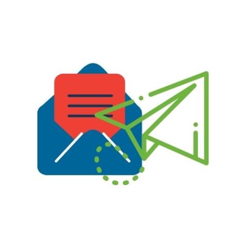Image of envelope with letter sticking out with fake writing on it, and a paper plane in motion.