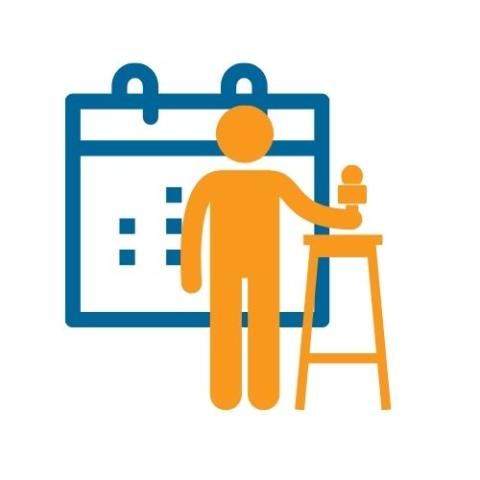 Icon - Calendar image behind an image of a person with a microphone standing next to a tall stool.