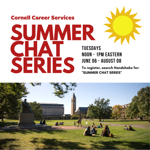 Summer Chat Series Text with view of campus