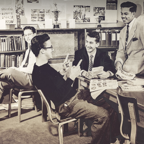 Black and white photo of Watermargin residents hanging out in 1950