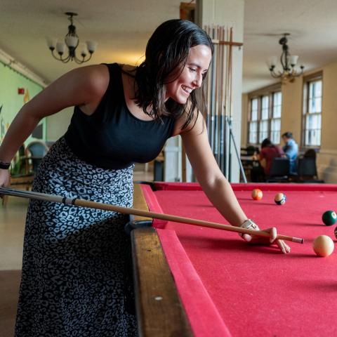 Raquel Sarabia plays pool at Redbud