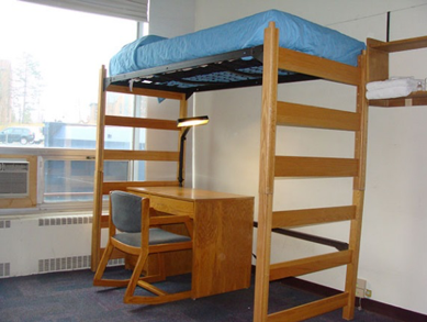 Lofted bed against a wall with a desk underneath