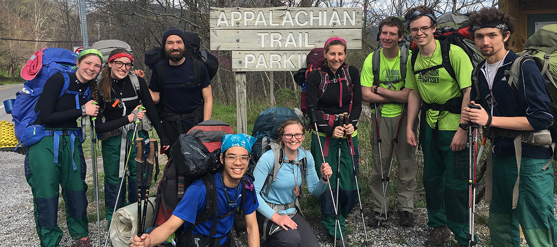 A backpacking team at an Appalachian Trail trailhead