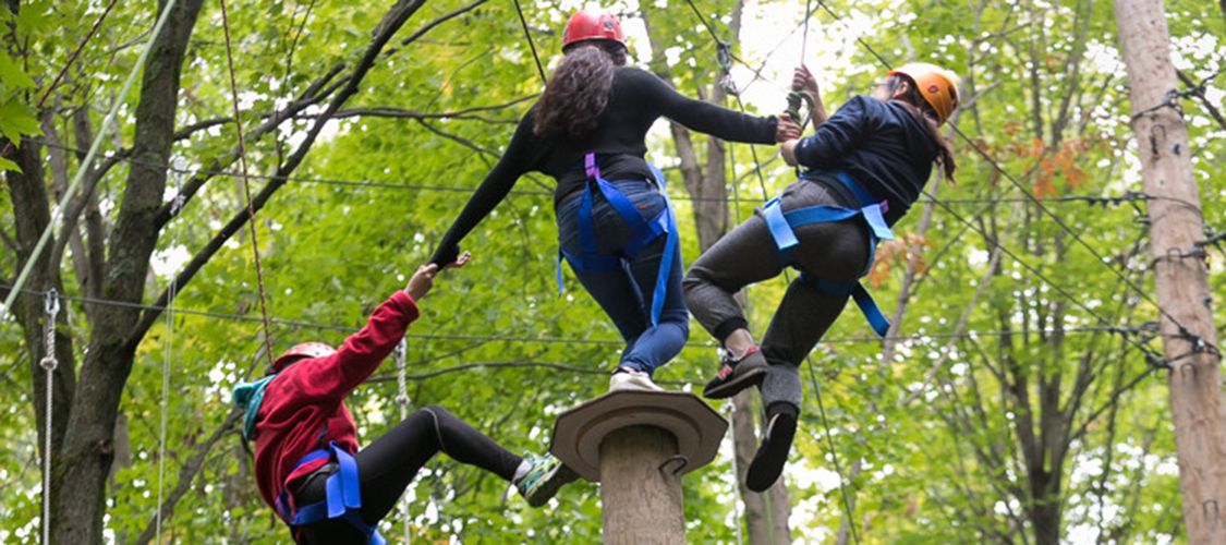 A team on a high element at the challenge course
