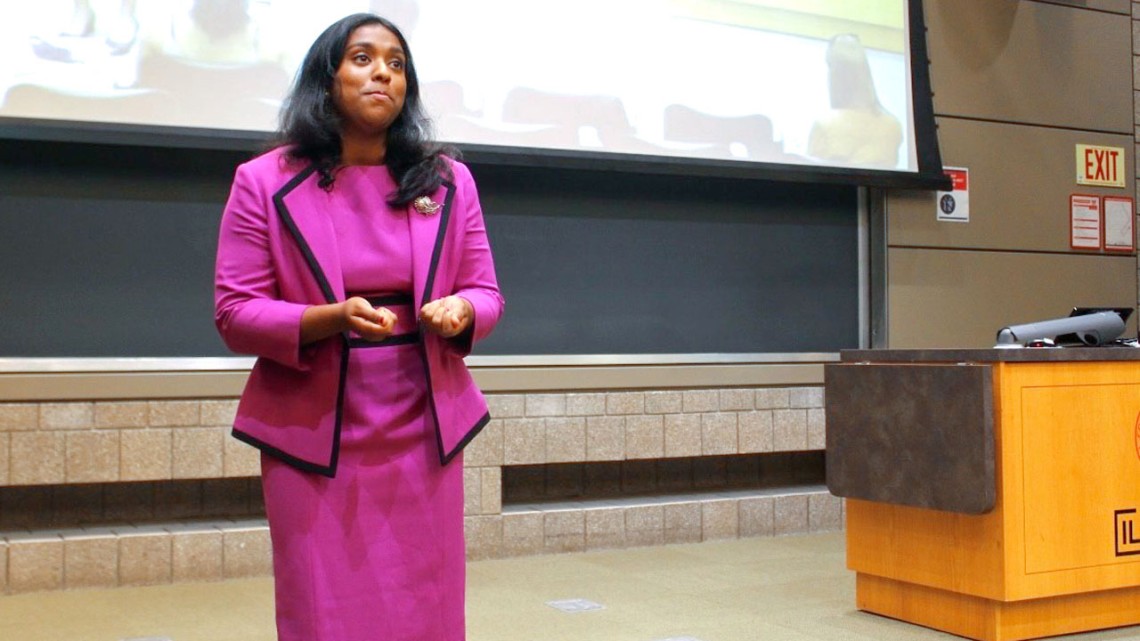 Asha Prabhat ’24, co-captain of the Cornell Speech Team, practices her speech advocating for more research around polycystic ovary syndrome in a classroom in the ILR School earlier this year.