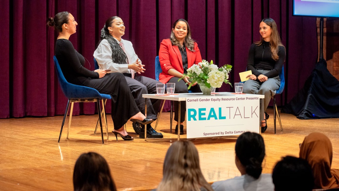 From left, Kassandra Sofia Robledo ’25, Michelle Reiss ’20, Danya Contreras ’13 and Laurel Thun ‘26 hold a discussion as part of the 2024 REALTALK speaker series.