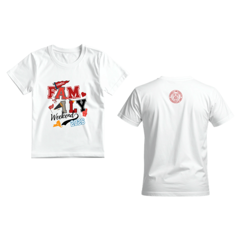 White shirt with Family Weekend 2026, new york outline, penant banner